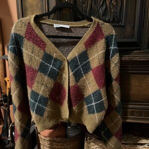 ZARA wool blend argyle print cardigan
